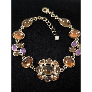 Avon SAQ Purple Brown Cabochon Jelly Belly Flower Tennis Gold Tone Bracelet 8 in